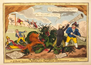 Ejendomsskattens død!! eller 37 dødelige sår for ministre og inkvisitionskommissærerne, pub. 1816 (håndfarvet gravering)